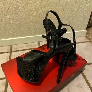 Pleaser black with rainbow glitter.